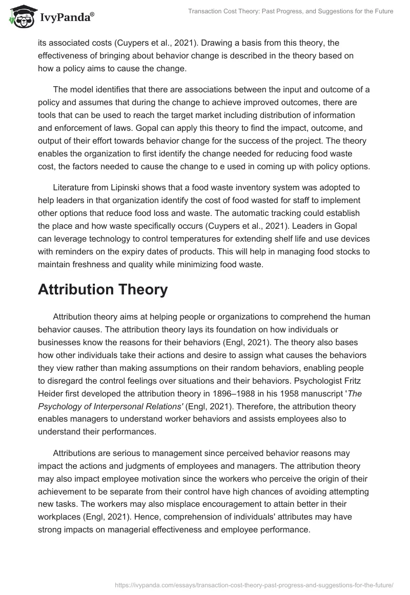 Transaction Cost Theory: Past Progress, and Suggestions for the Future. Page 4