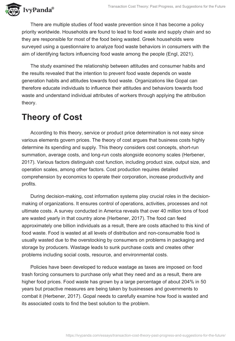 Transaction Cost Theory: Past Progress, and Suggestions for the Future. Page 5
