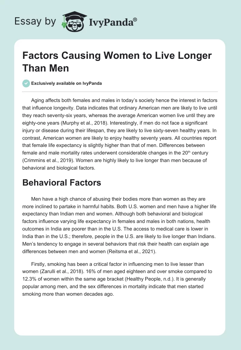 Factors Causing Women to Live Longer Than Men. Page 1