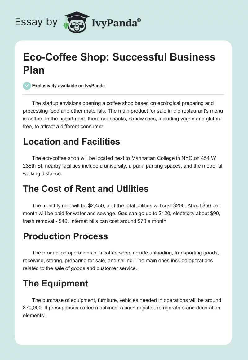 Eco-Coffee Shop: Successful Business Plan. Page 1