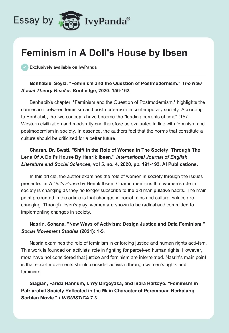 Feminism in "A Doll's House" by Ibsen. Page 1
