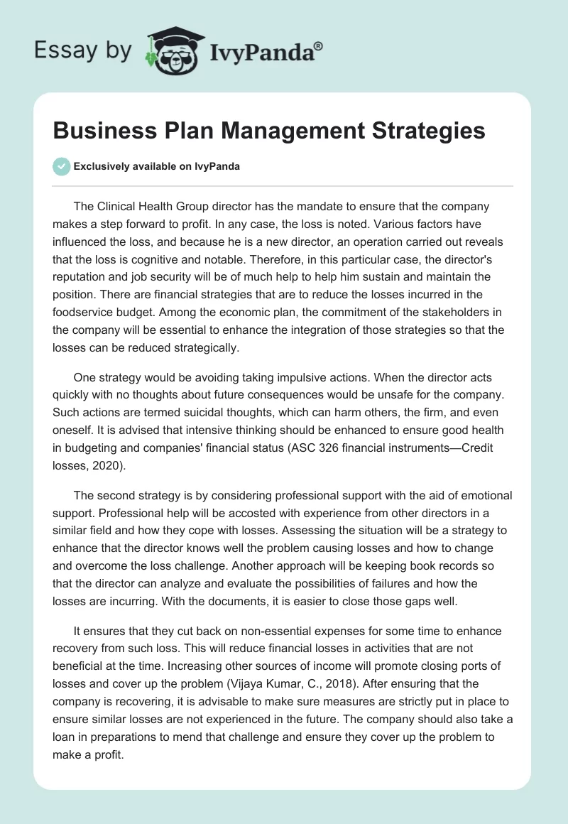 Business Plan Management Strategies. Page 1