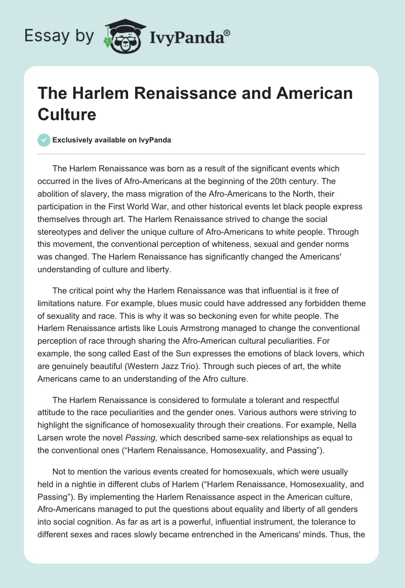 The Harlem Renaissance and American Culture. Page 1