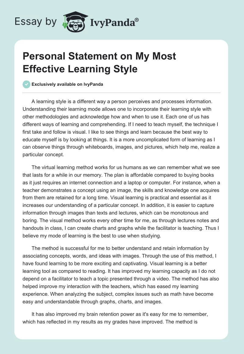 Personal Statement on My Most Effective Learning Style. Page 1