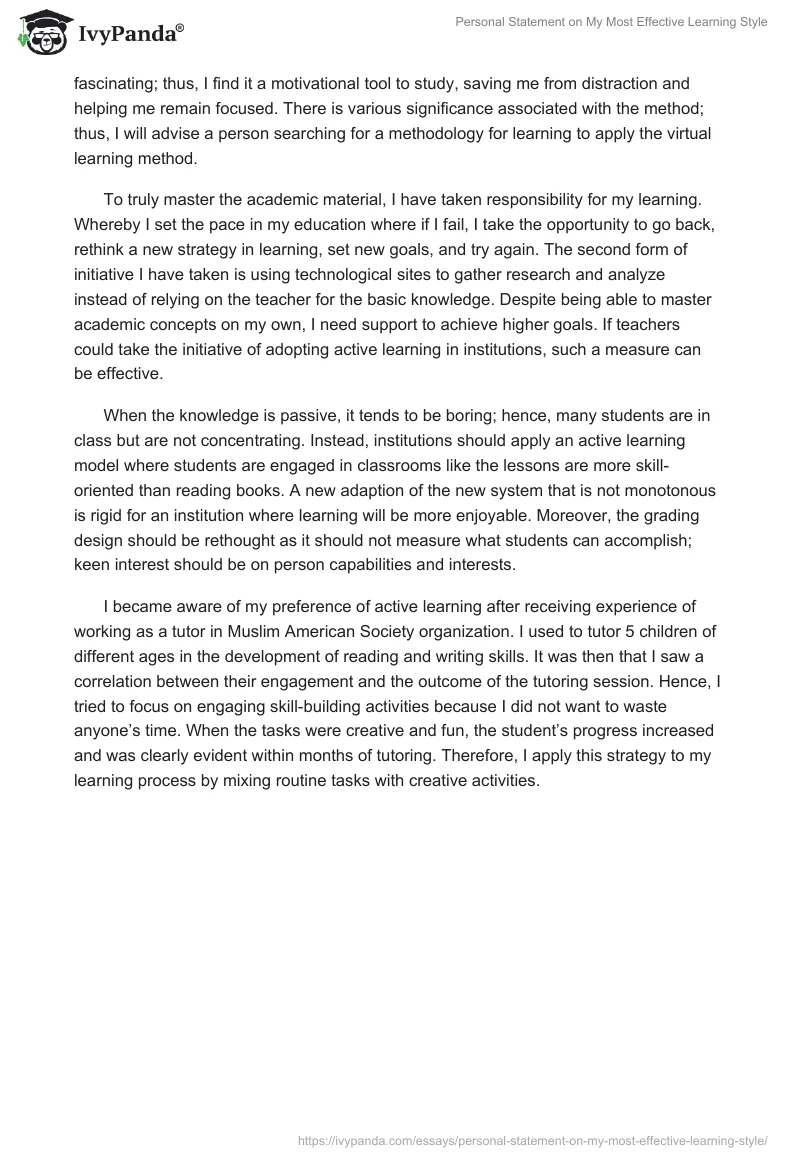 Personal Statement on My Most Effective Learning Style. Page 2