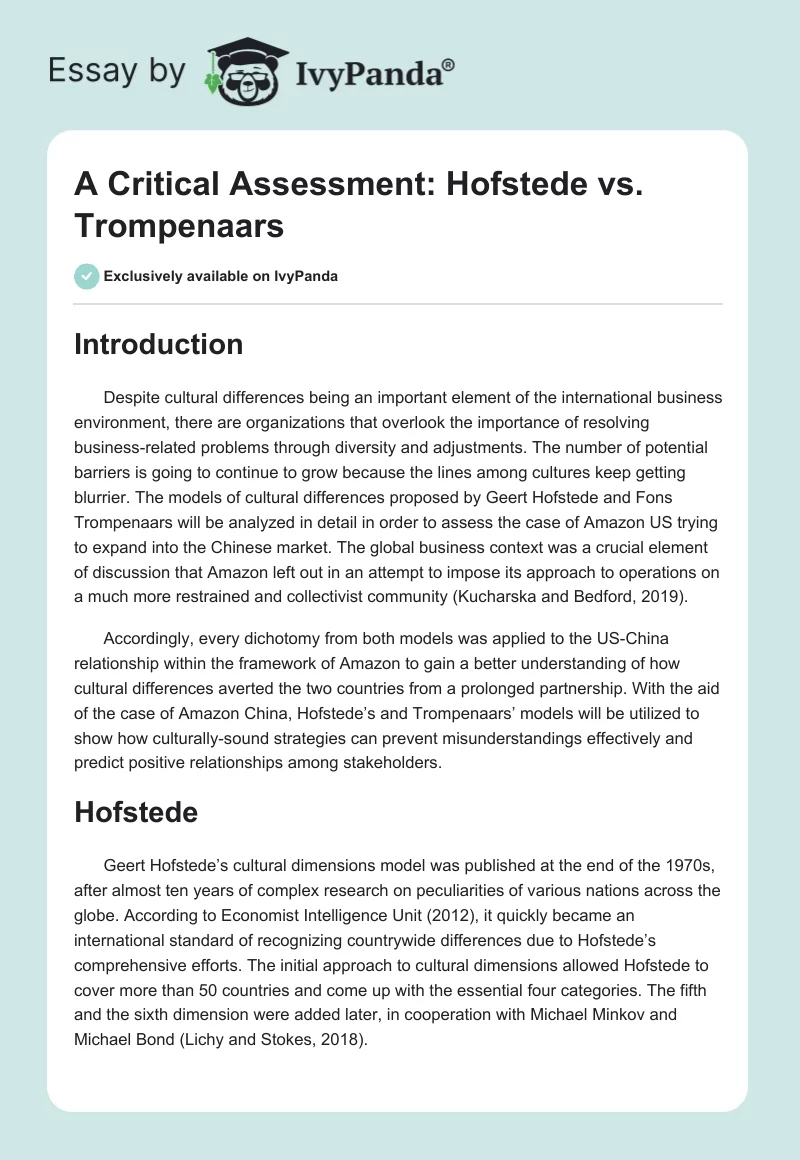 A Critical Assessment: Hofstede vs. Trompenaars. Page 1