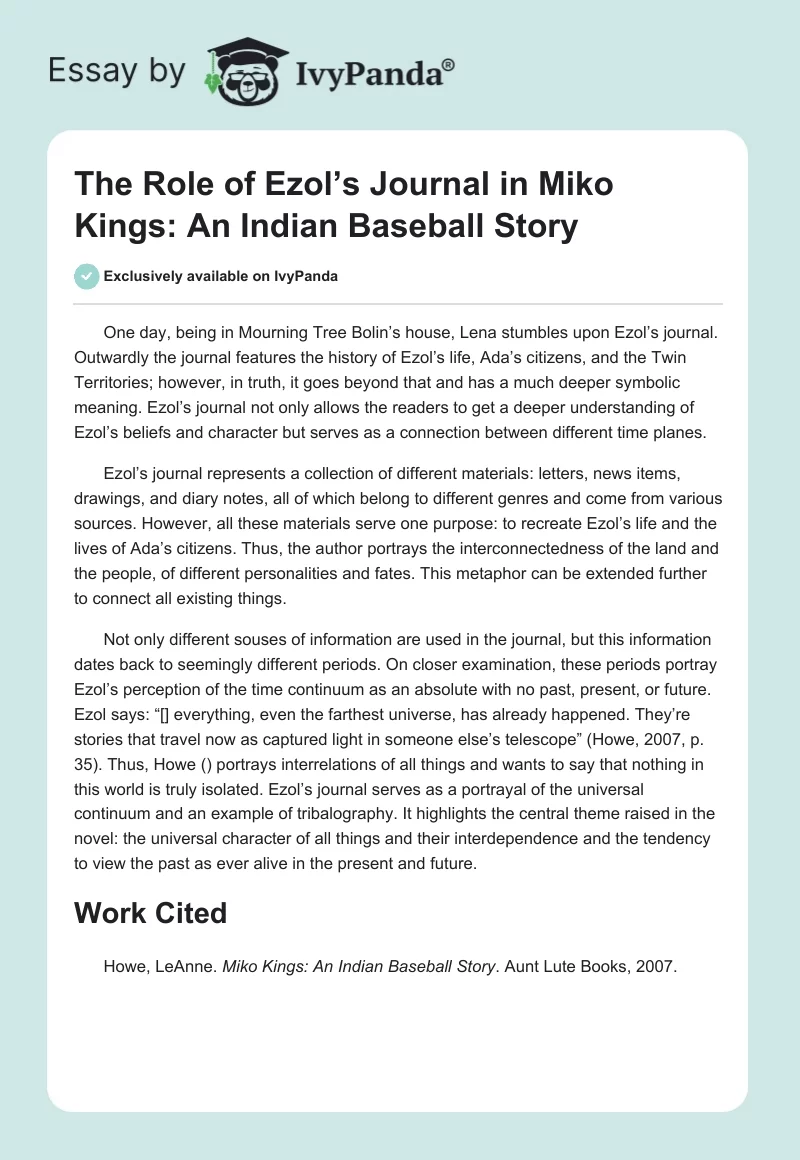 The Role of Ezol’s Journal in Miko Kings: An Indian Baseball Story. Page 1