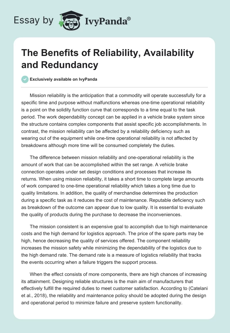 The Benefits of Reliability, Availability and Redundancy. Page 1