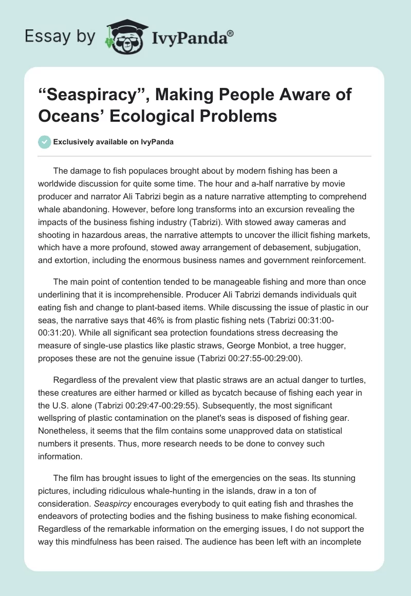 “Seaspiracy”, Making People Aware of Oceans’ Ecological Problems. Page 1