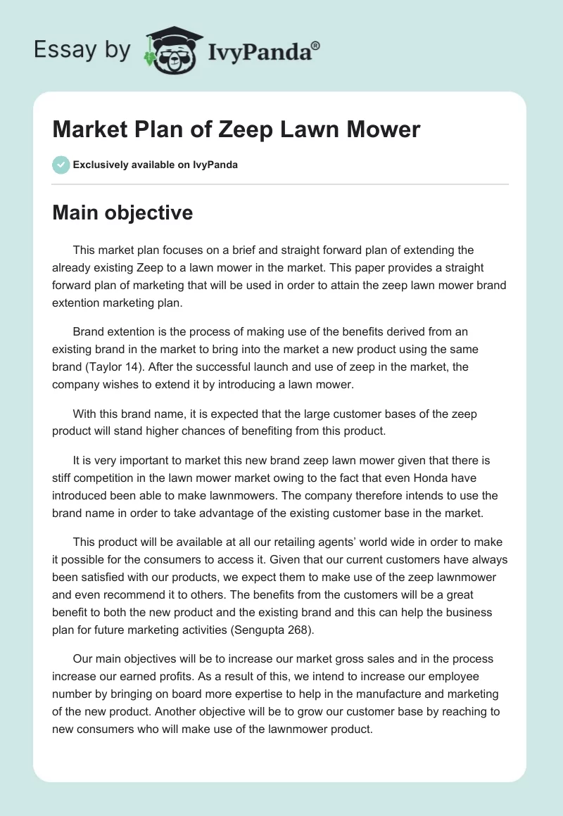 Market Plan of Zeep Lawn Mower. Page 1