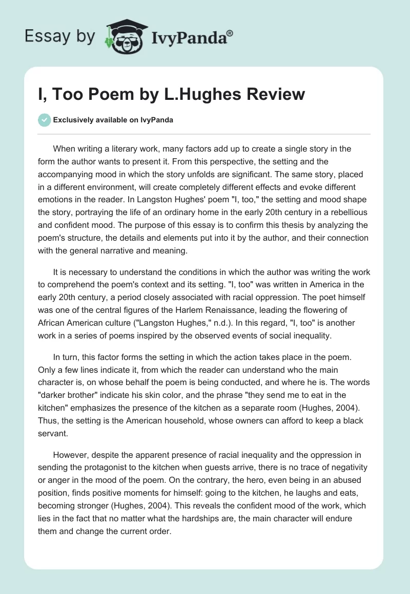 "I, Too" Poem by L.Hughes Review. Page 1