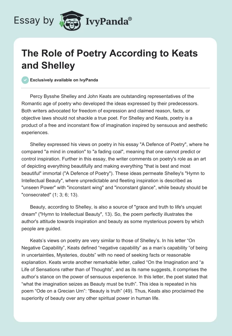 The Role of Poetry According to Keats and Shelley. Page 1