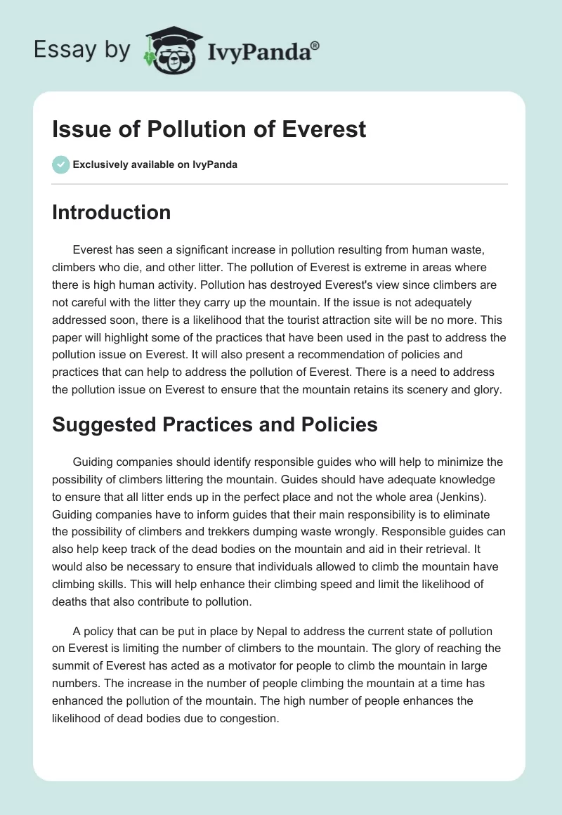 Issue of Pollution of Everest. Page 1