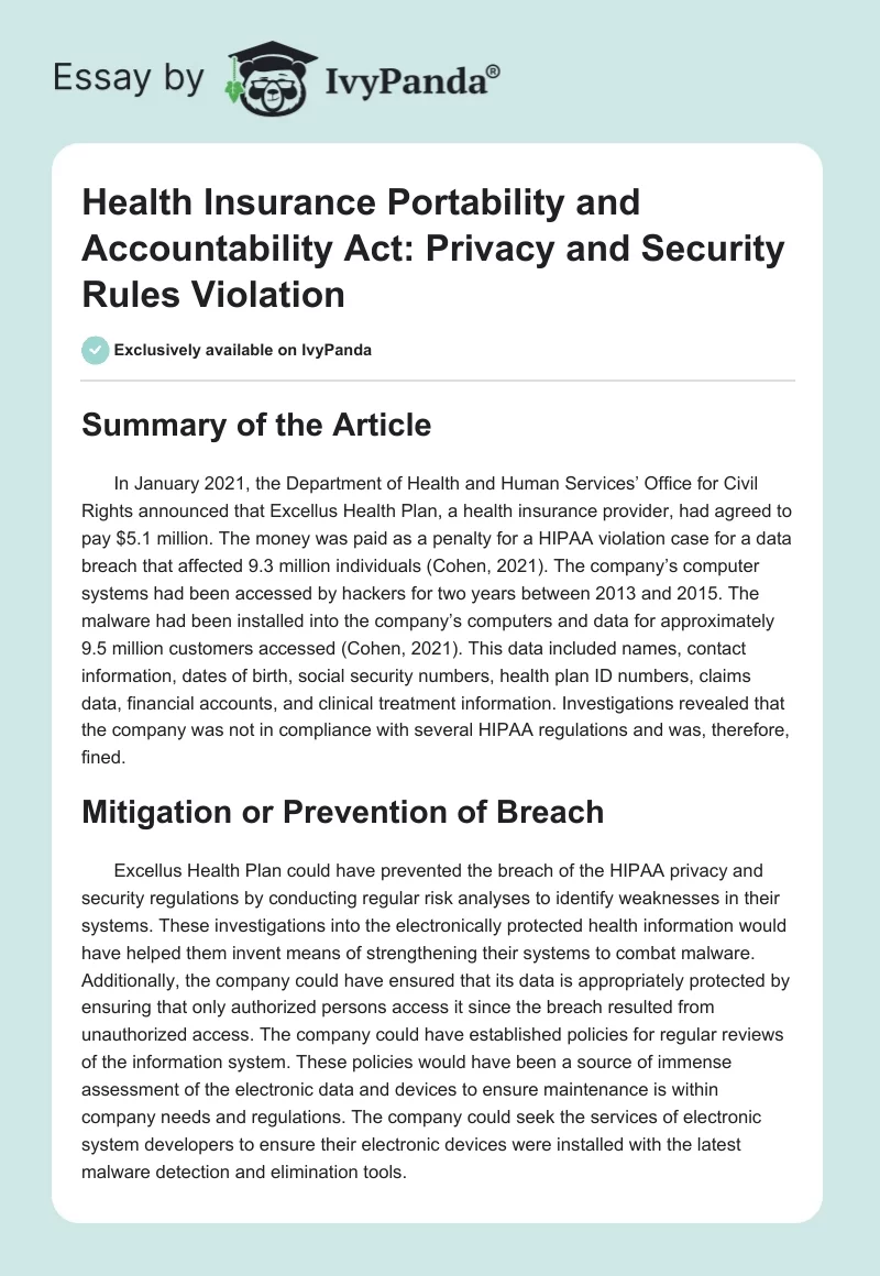 Health Insurance Portability and Accountability Act: Privacy and Security Rules Violation. Page 1