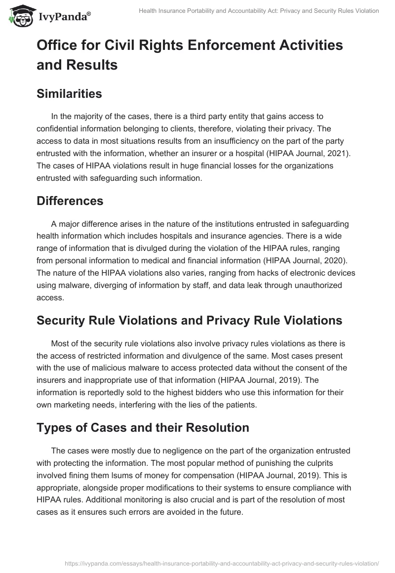 Health Insurance Portability and Accountability Act: Privacy and Security Rules Violation. Page 2
