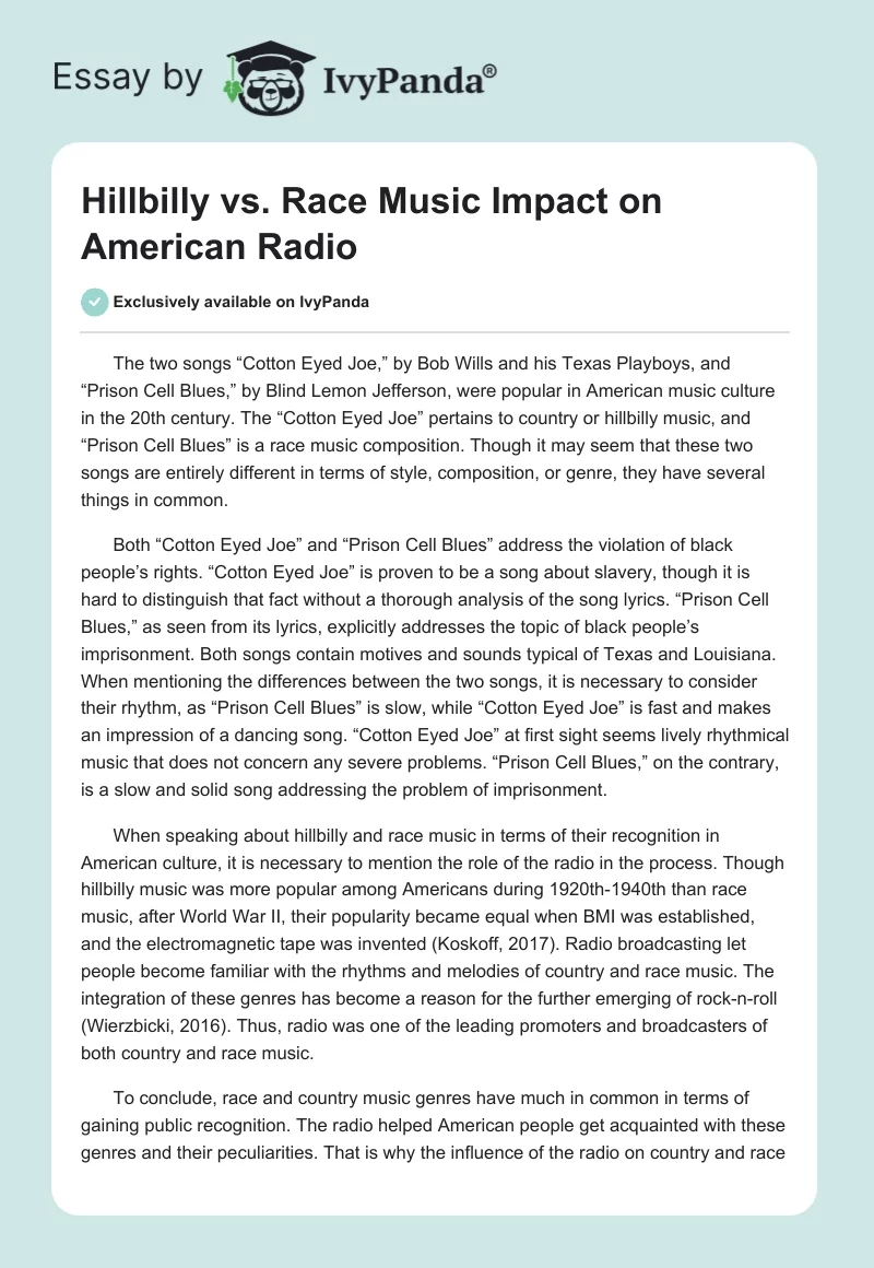 Hillbilly vs. Race Music Impact on American Radio. Page 1