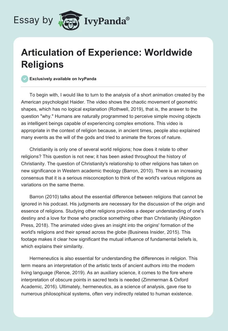 Articulation of Experience: Worldwide Religions. Page 1