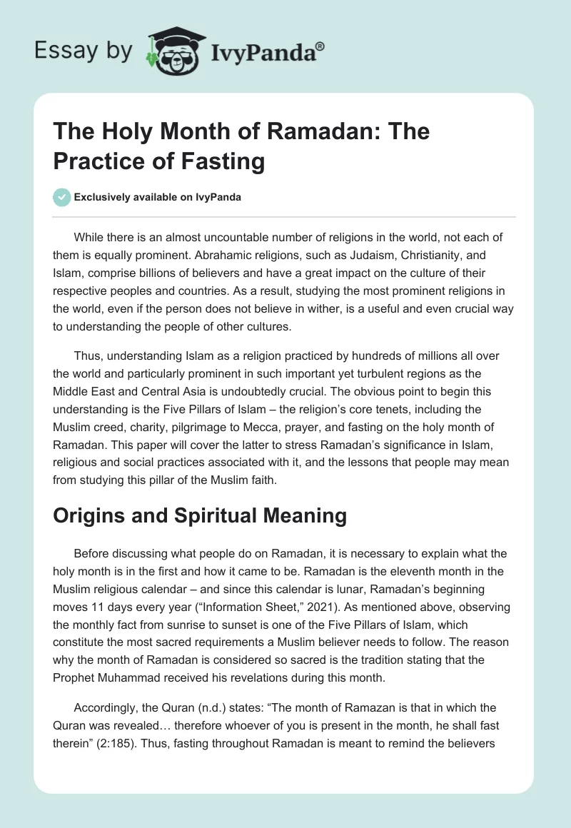 The Holy Month of Ramadan: The Practice of Fasting. Page 1