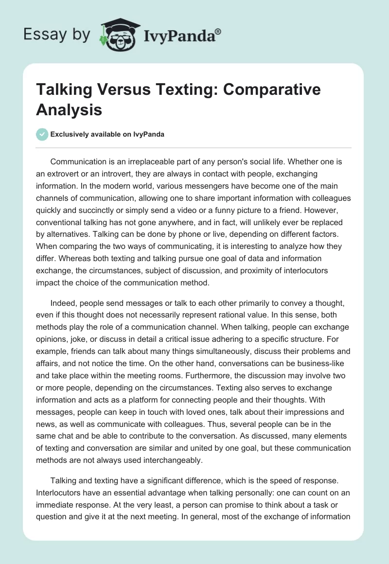 Talking Versus Texting: Comparative Analysis. Page 1