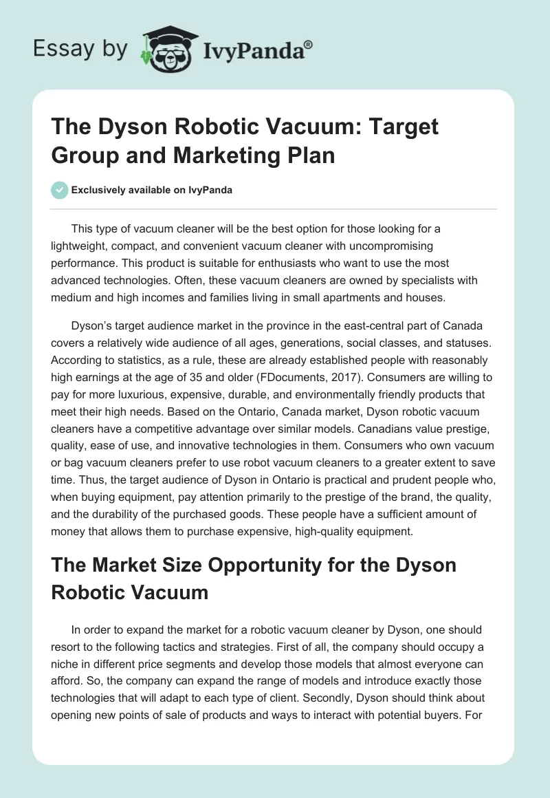 The Dyson Robotic Vacuum: Target Group and Marketing Plan. Page 1