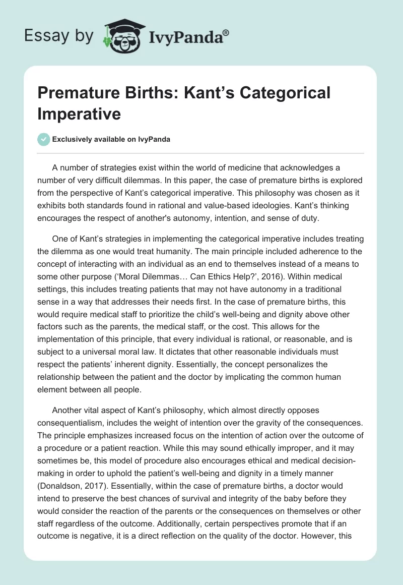 Premature Births: Kant’s Categorical Imperative. Page 1
