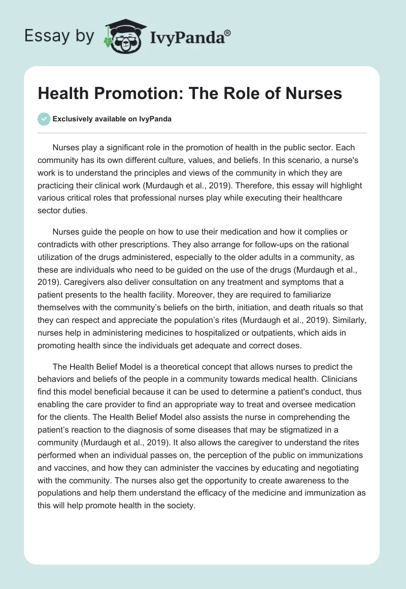 Health Promotion: The Role of Nurses. Page 1