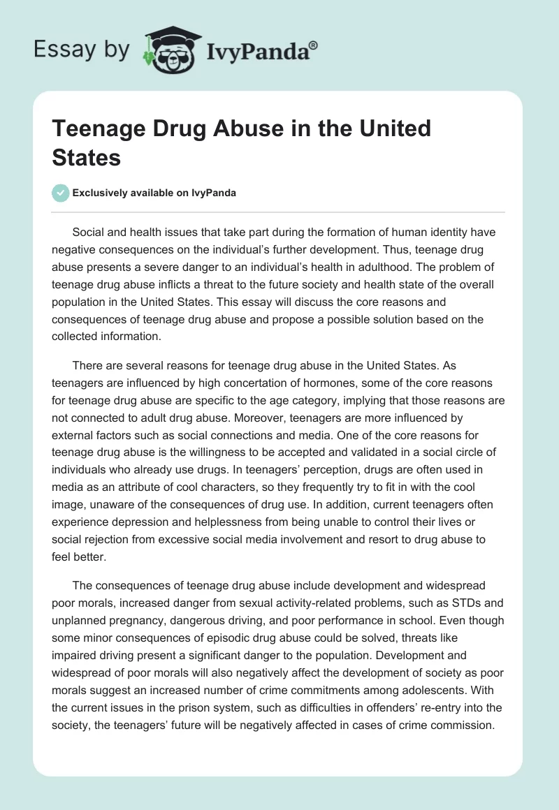 Teenage Drug Abuse in the United States. Page 1