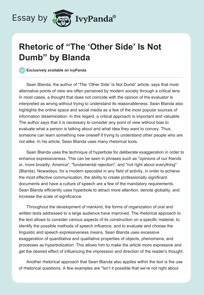 Rhetoric of “The ‘Other Side’ Is Not Dumb” by Blanda. Page 1