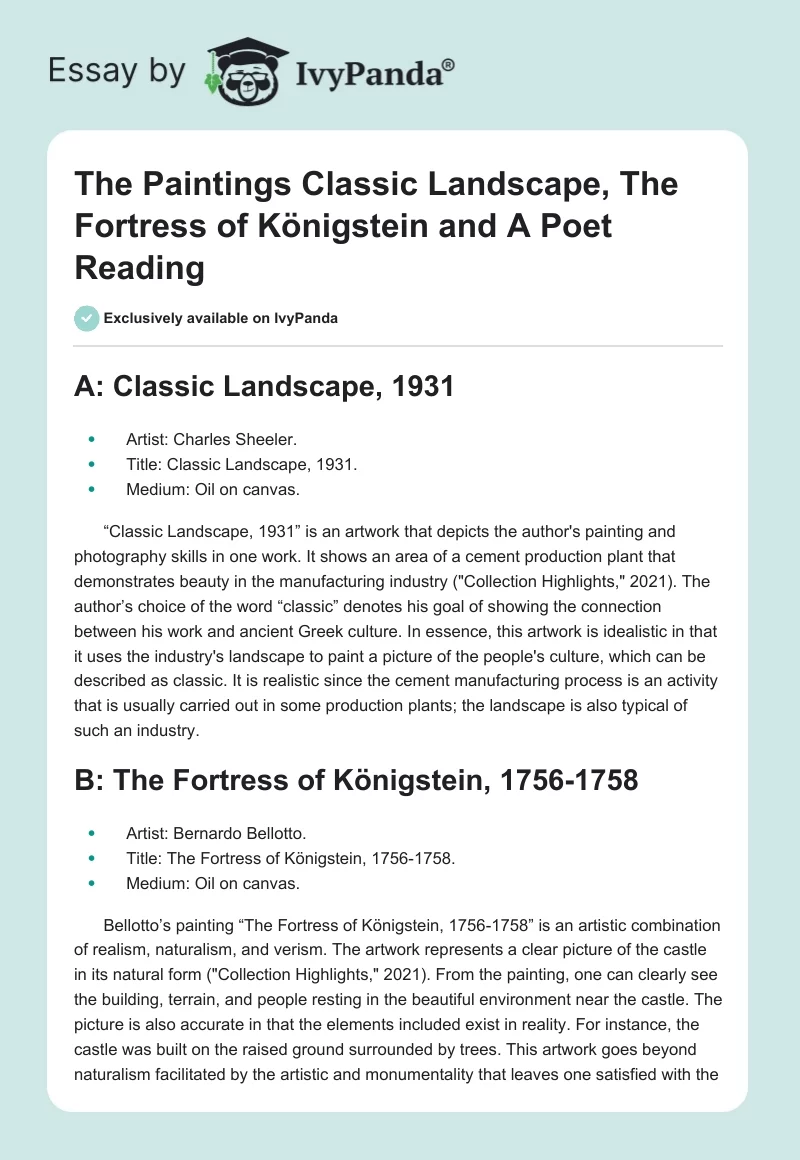 The Paintings "Classic Landscape", "The Fortress of Königstein" and "A Poet Reading". Page 1