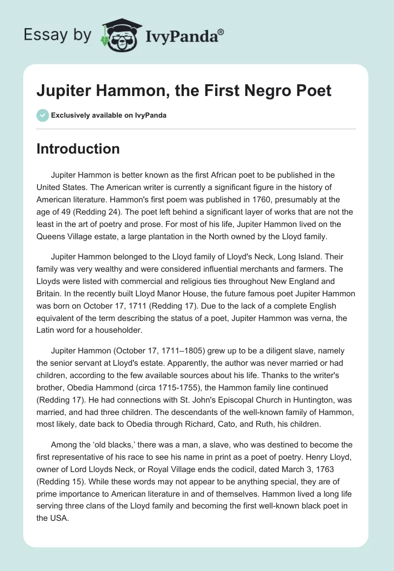 Jupiter Hammon, the First Negro Poet. Page 1