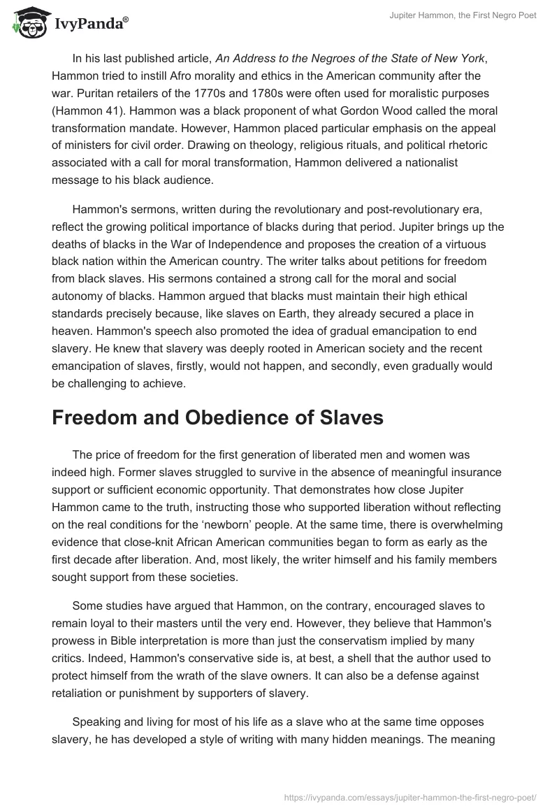 an essay on slavery jupiter hammon summary