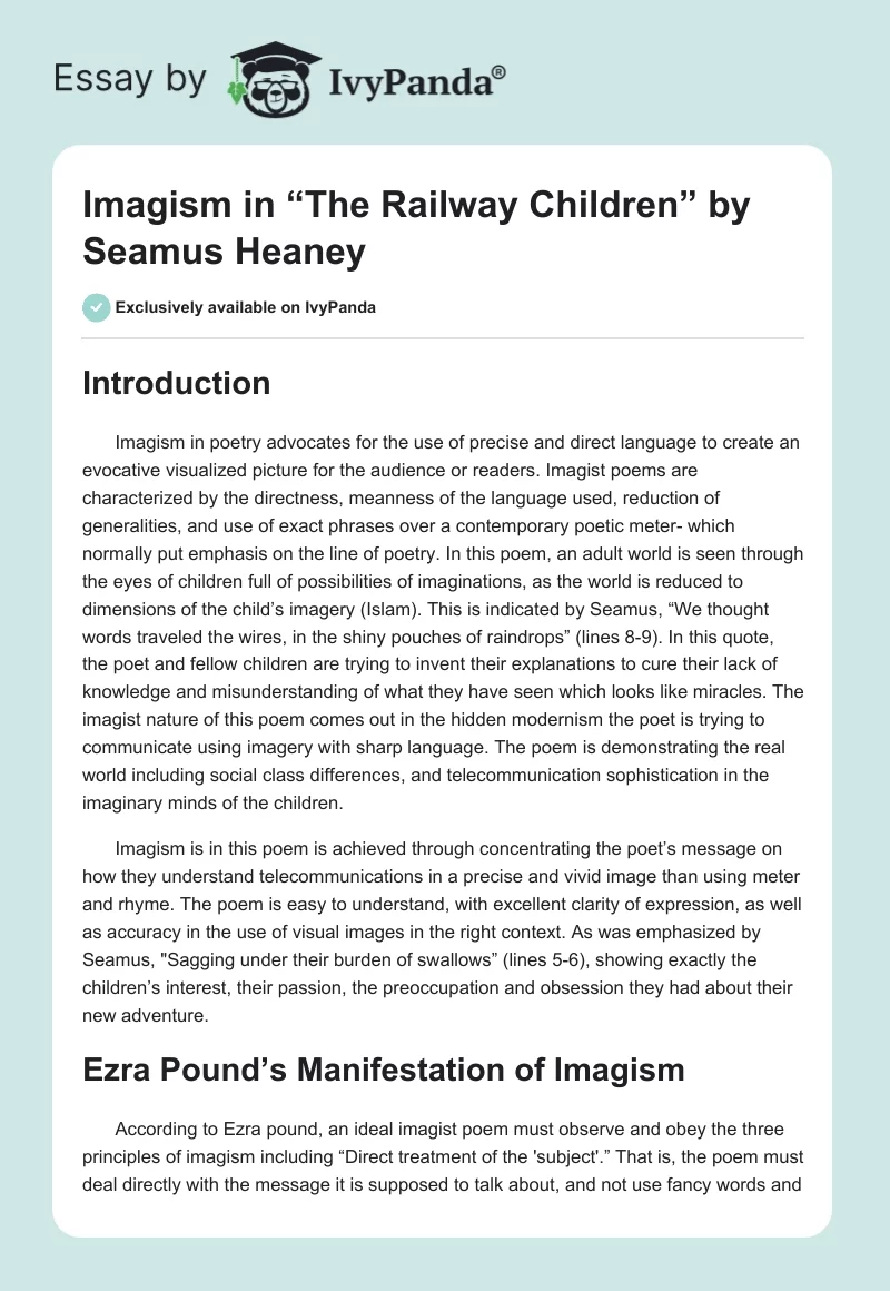 Imagism in “The Railway Children” by Seamus Heaney. Page 1