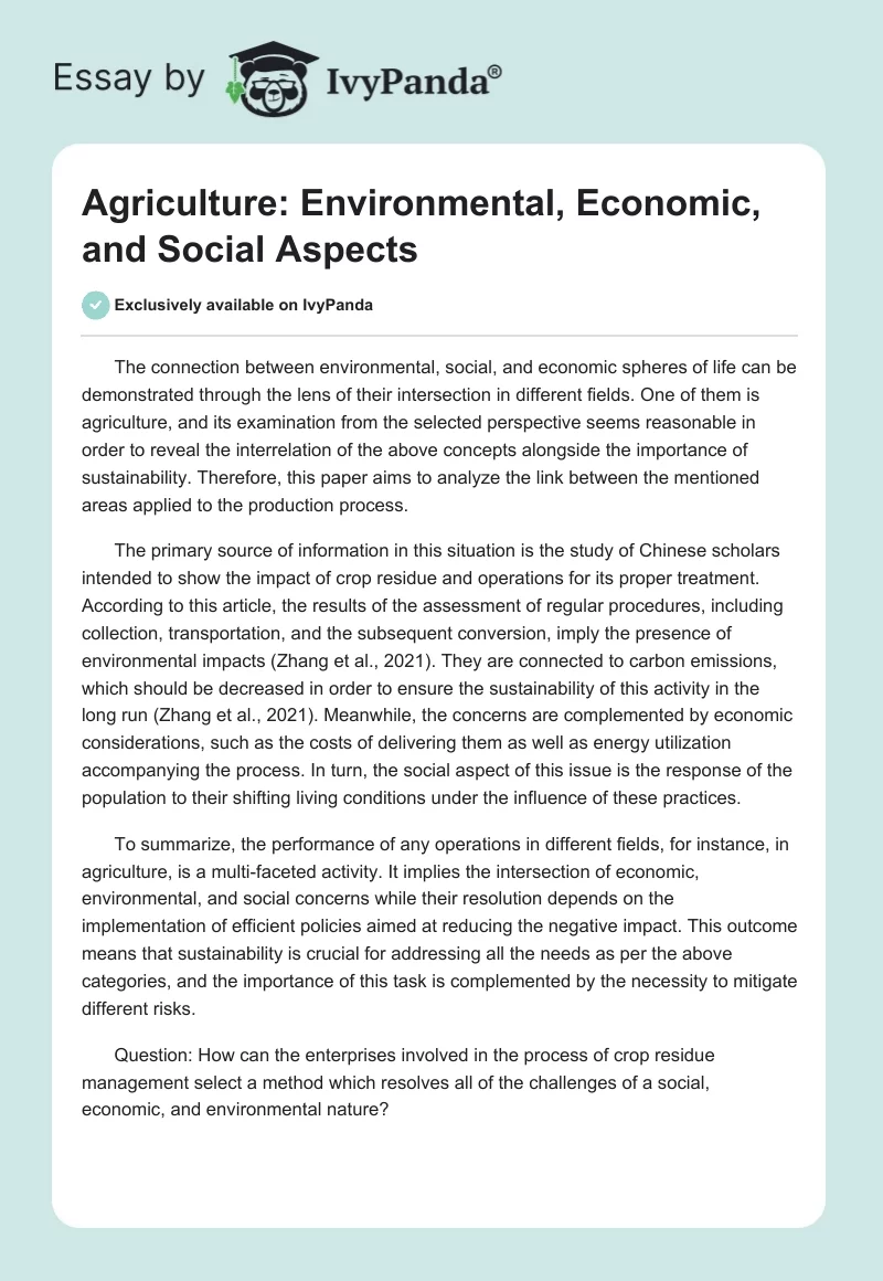 Agriculture: Environmental, Economic, and Social Aspects. Page 1