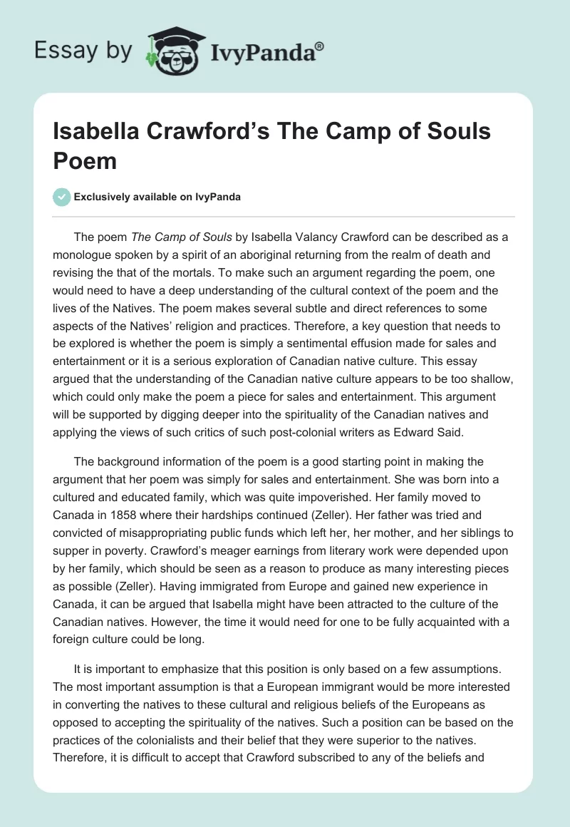 Isabella Crawford’s The Camp of Souls Poem. Page 1