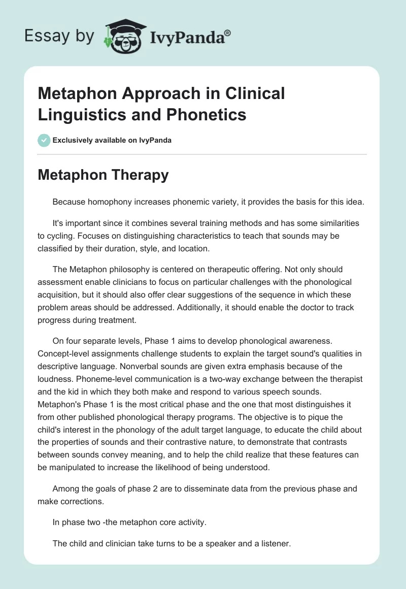 Metaphon Approach in Clinical Linguistics and Phonetics. Page 1