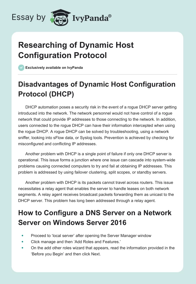 Researching of Dynamic Host Configuration Protocol. Page 1