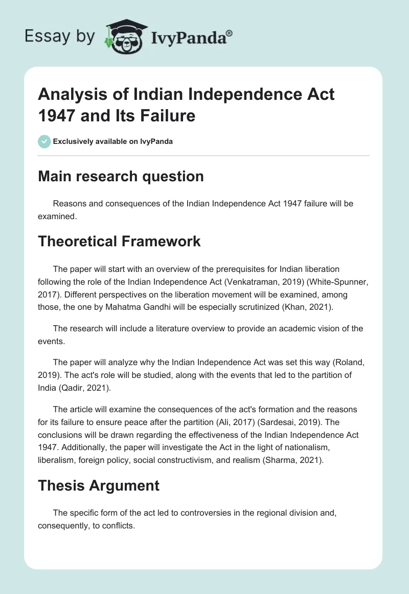 Analysis of Indian Independence Act 1947 and Its Failure. Page 1
