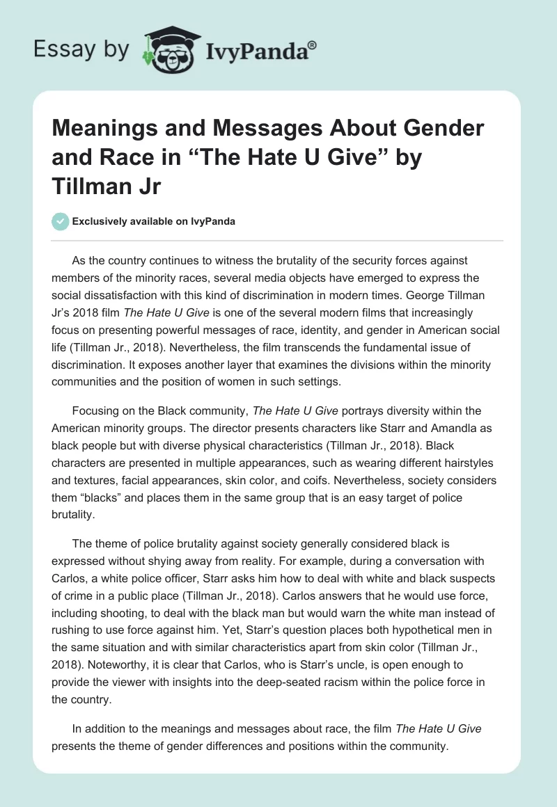 Meanings and Messages About Gender and Race in “The Hate U Give” by Tillman Jr. Page 1