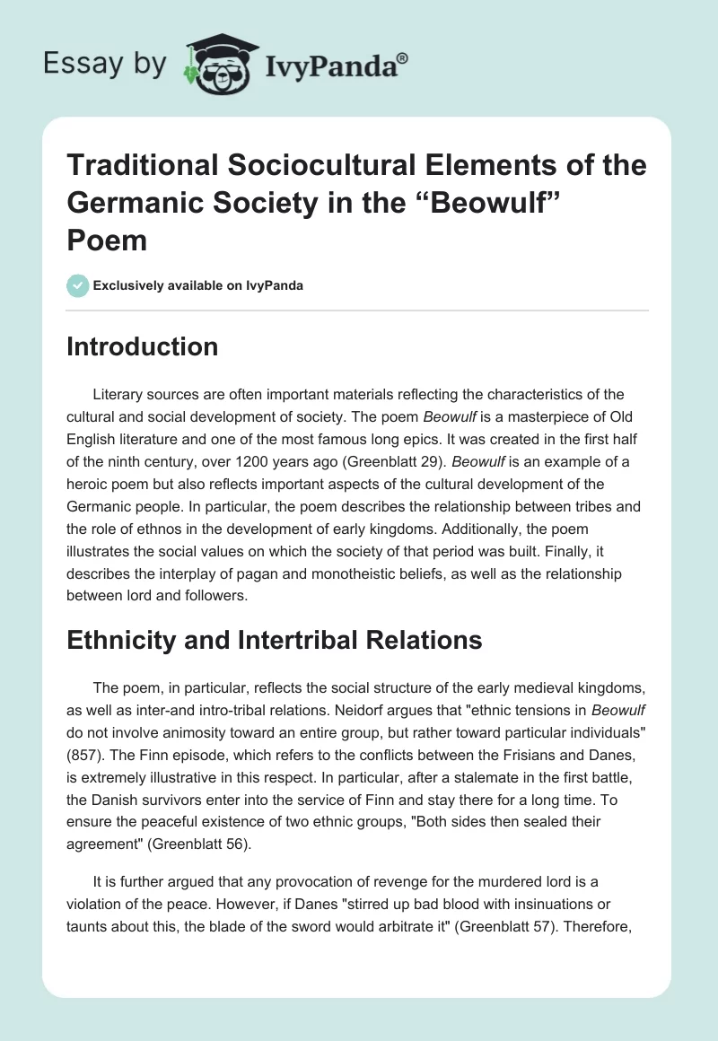 Traditional Sociocultural Elements of the Germanic Society in the “Beowulf” Poem. Page 1