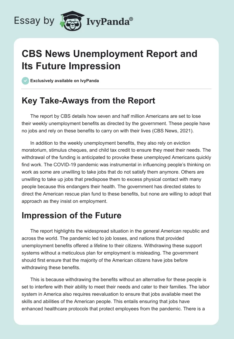 CBS News Unemployment Report and Its Future Impression. Page 1