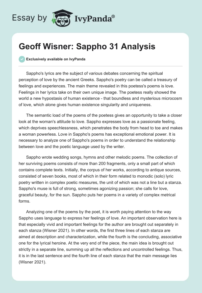 Geoff Wisner: Sappho 31 Analysis. Page 1