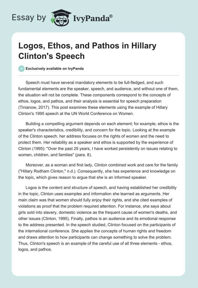 Logos, Ethos, and Pathos in Hillary Clinton's Speech. Page 1