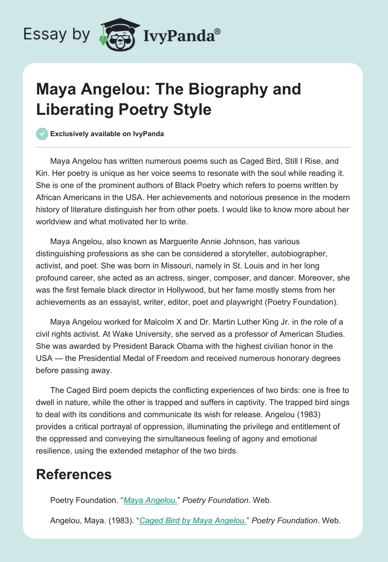Maya Angelou: The Biography and Liberating Poetry Style. Page 1