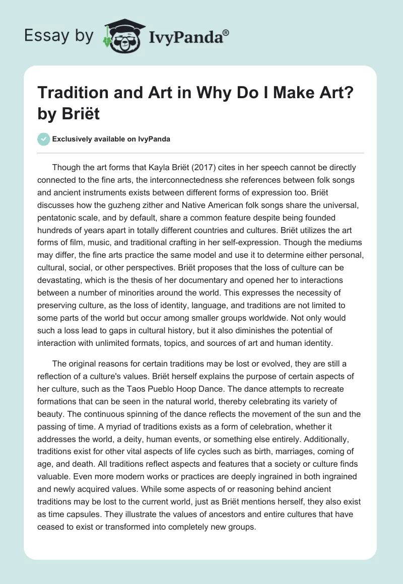 Tradition and Art in "Why Do I Make Art?" by Briët. Page 1
