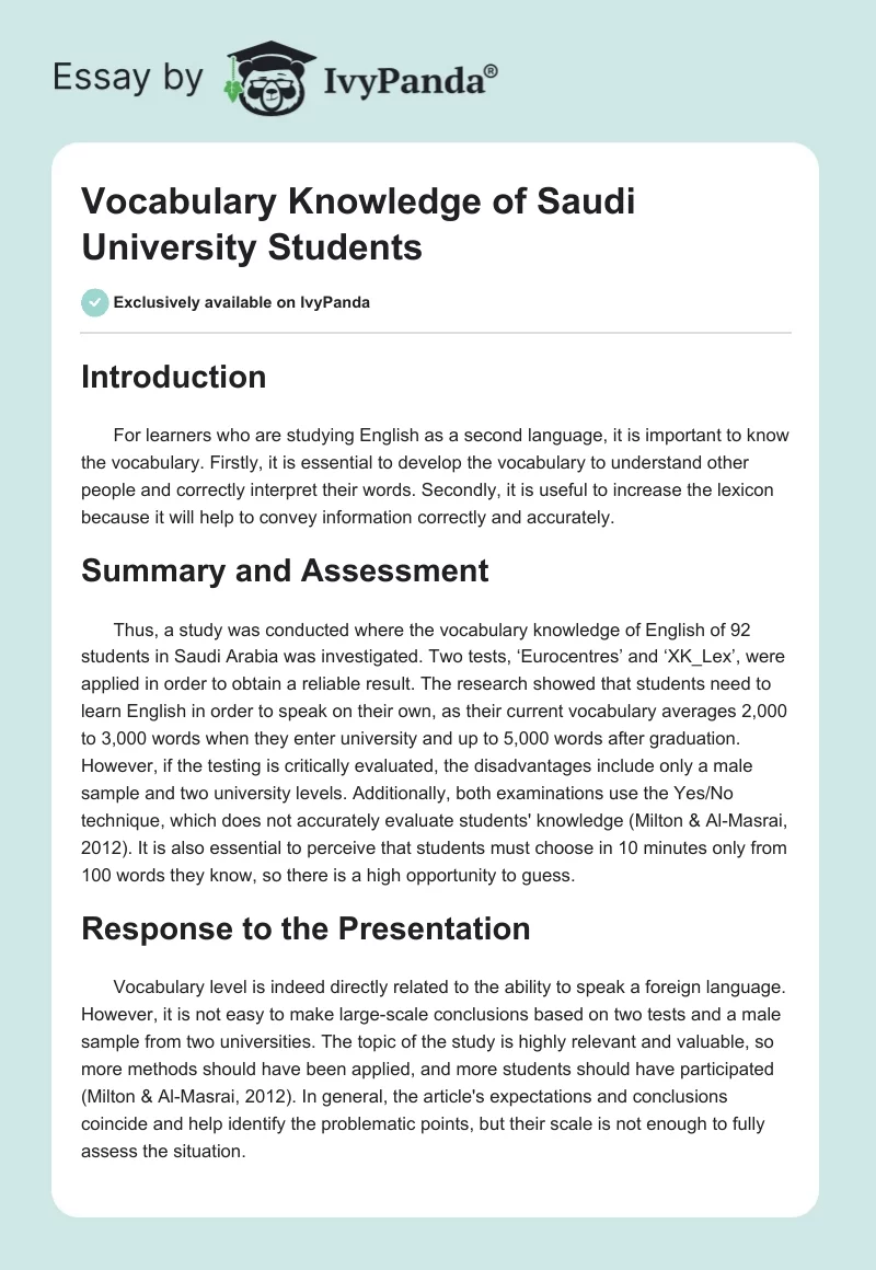 Vocabulary Knowledge of Saudi University Students. Page 1