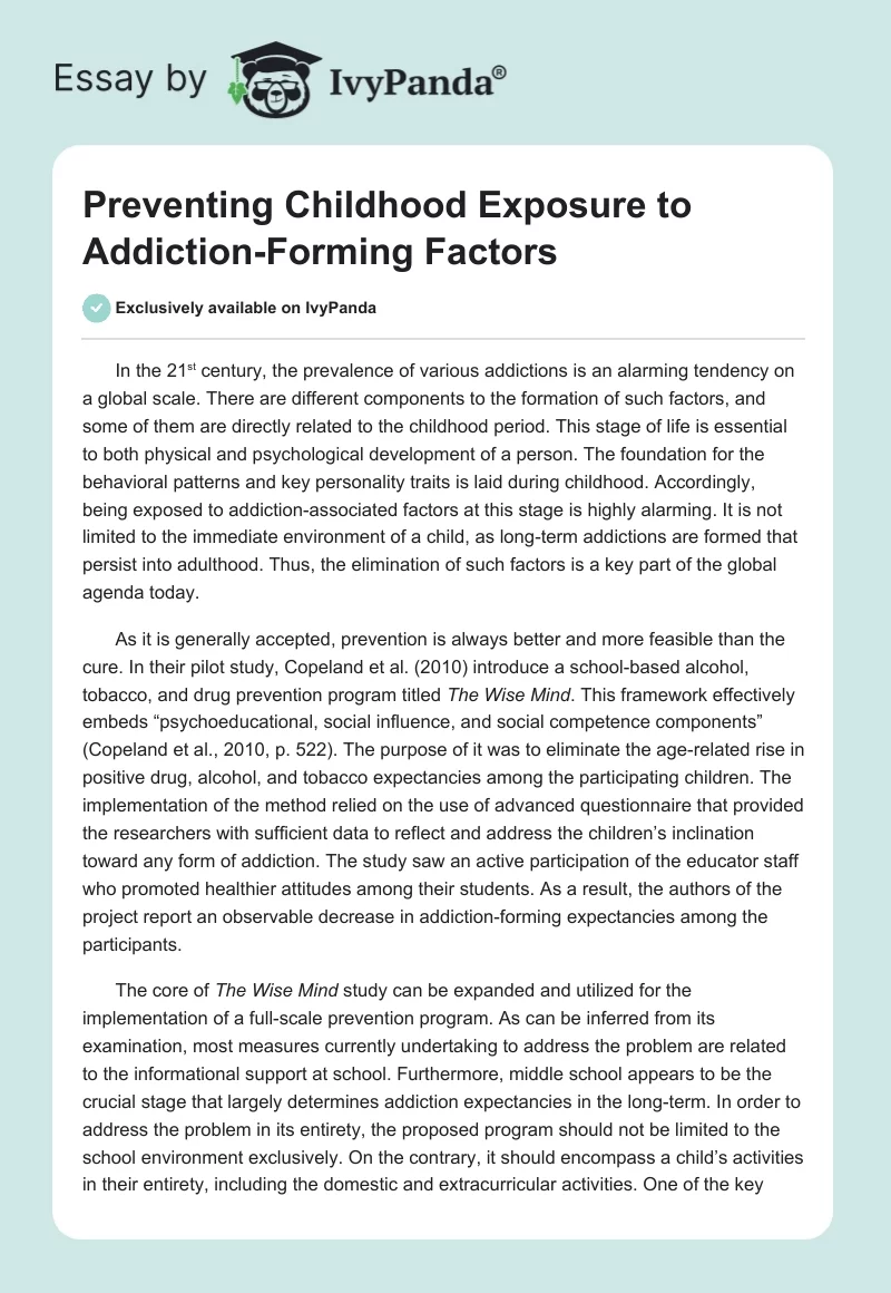 Preventing Childhood Exposure to Addiction-Forming Factors. Page 1