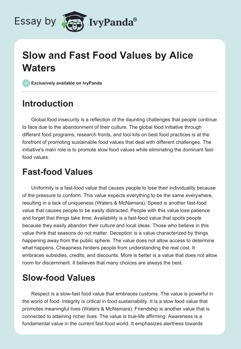 Slow and Fast Food Values by Alice Waters. Page 1