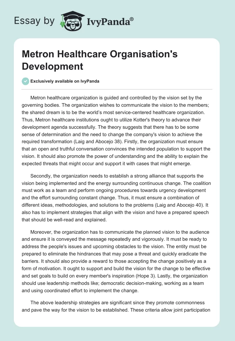 Metron Healthcare Organisation's Development. Page 1