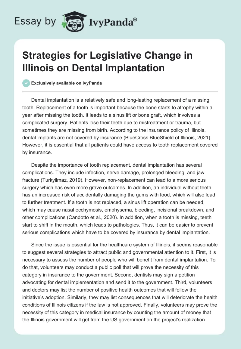 Strategies for Legislative Change in Illinois on Dental Implantation. Page 1