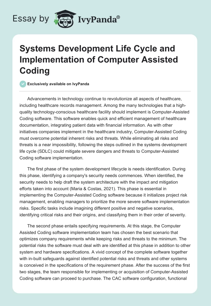 Systems Development Life Cycle and Implementation of Computer Assisted Coding. Page 1